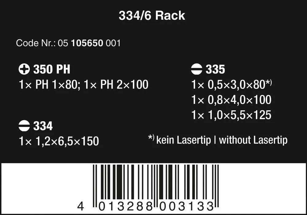 Wera - 5105650001 Kraftform Plus 334/6 Screwdriver Set with Rack and Lasertip, 6-Pieces, Multicolor, Slotted: 6.5x150mm, 3x80mm, 4x100mm, 5.5x125. Phillips: PH1x80, PH2x100