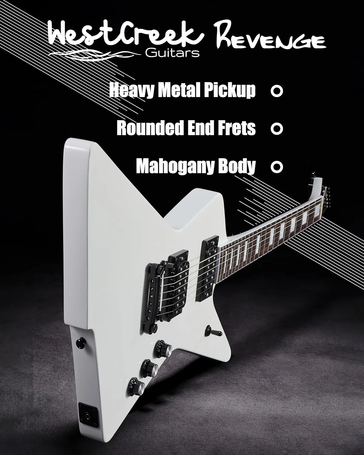 WestCreek Revenge Solid Body Electric Guitar, Heavy Metal Guitar, Right Handed, Heavy Metal Pickups, Rounded End Jumbo Frets, Bone nut, Rosewood Fretboard, Mahogany Body (White)…