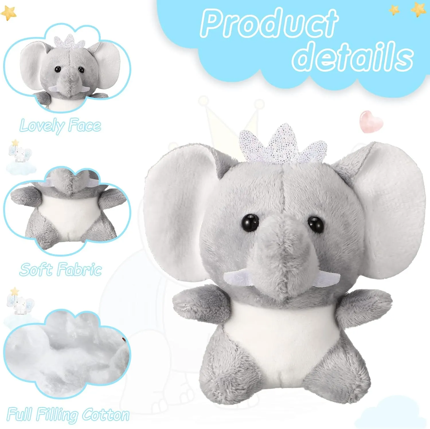 Wettarn 24 Pcs Mini Elephant Stuffed Animals Small Cute Plush Toys for Birthday Party Baby Shower Favors Classroom Gifts, 3.1 Inch(Elephant,Gray)