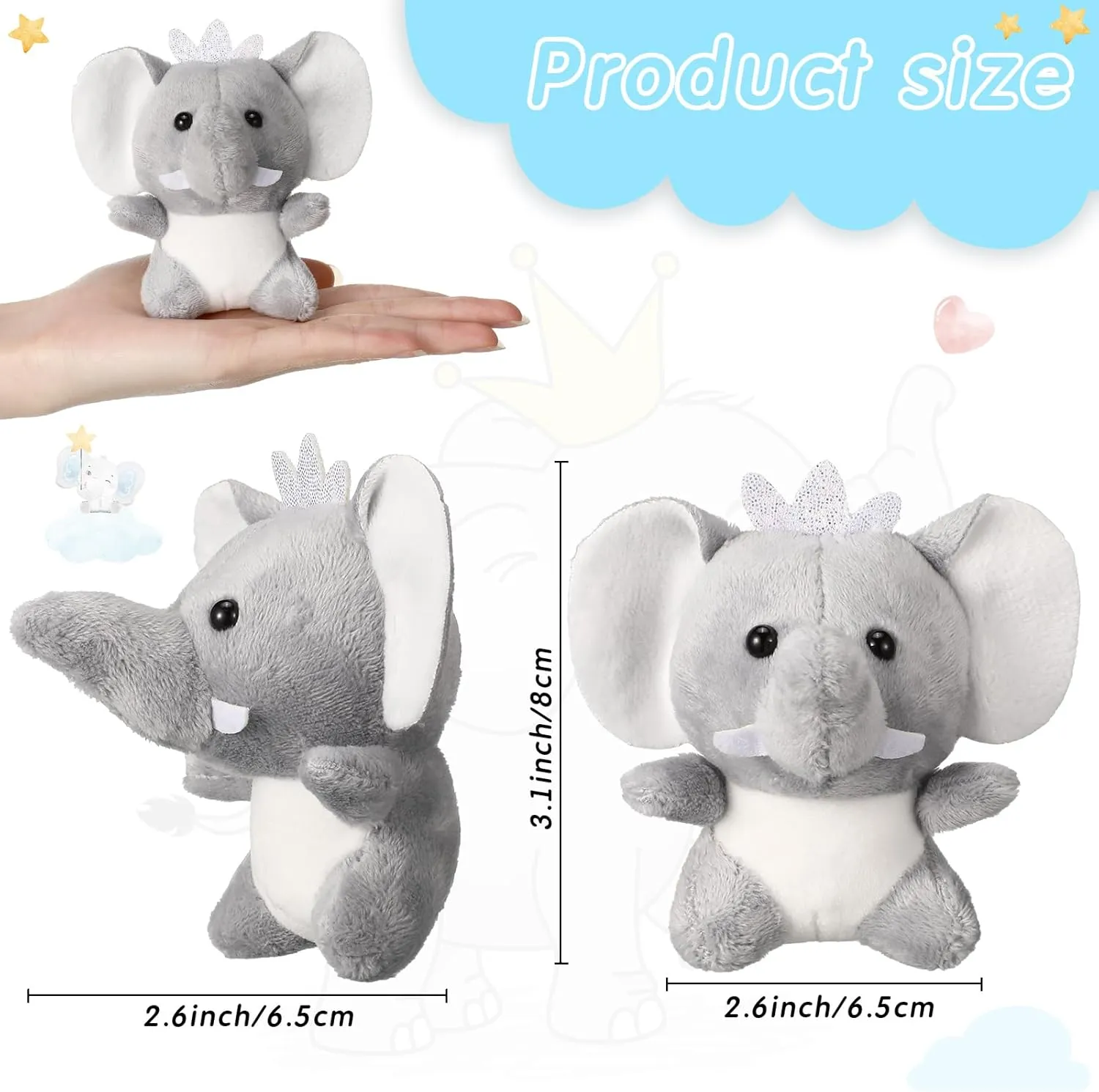 Wettarn 24 Pcs Mini Elephant Stuffed Animals Small Cute Plush Toys for Birthday Party Baby Shower Favors Classroom Gifts, 3.1 Inch(Elephant,Gray)