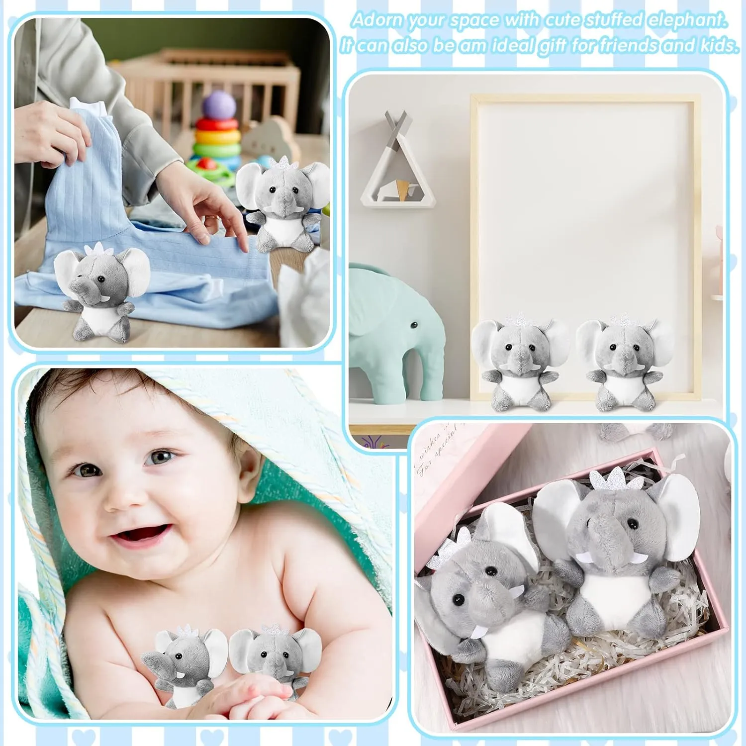 Wettarn 24 Pcs Mini Elephant Stuffed Animals Small Cute Plush Toys for Birthday Party Baby Shower Favors Classroom Gifts, 3.1 Inch(Elephant,Gray)