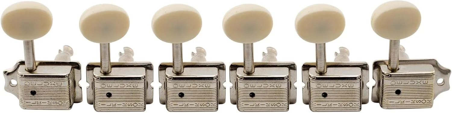 Wilkinson Deluxe WJ55 Vintage 6 Inline Guitar Tuners Split Post Machine Heads Tuning Pegs Keys for Classic Vibe Fender Strat/Tele Style Electric Guitar, Nickel with Off White Button