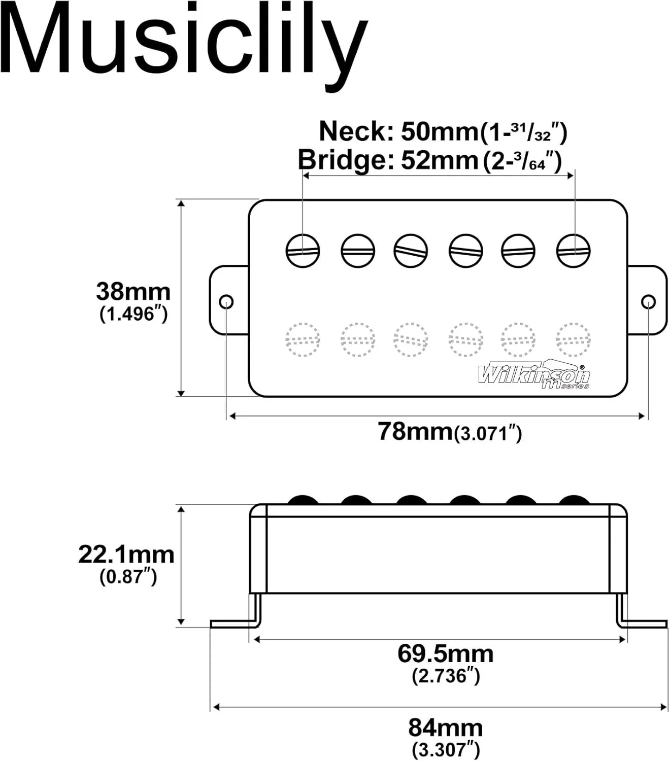 Wilkinson Vintage Tone Alnico 5 Humbucker Pickups Set for Les Paul Style Electric Guitar, Chrome