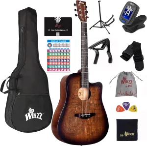 WINZZ HAND RUBBED Series - Full Size Cutaway Carved Acoustic Acustica Guitar Adult Beginner Starter Bundle with Full Kit,41 Inches Right Handed, Brown Sunburst