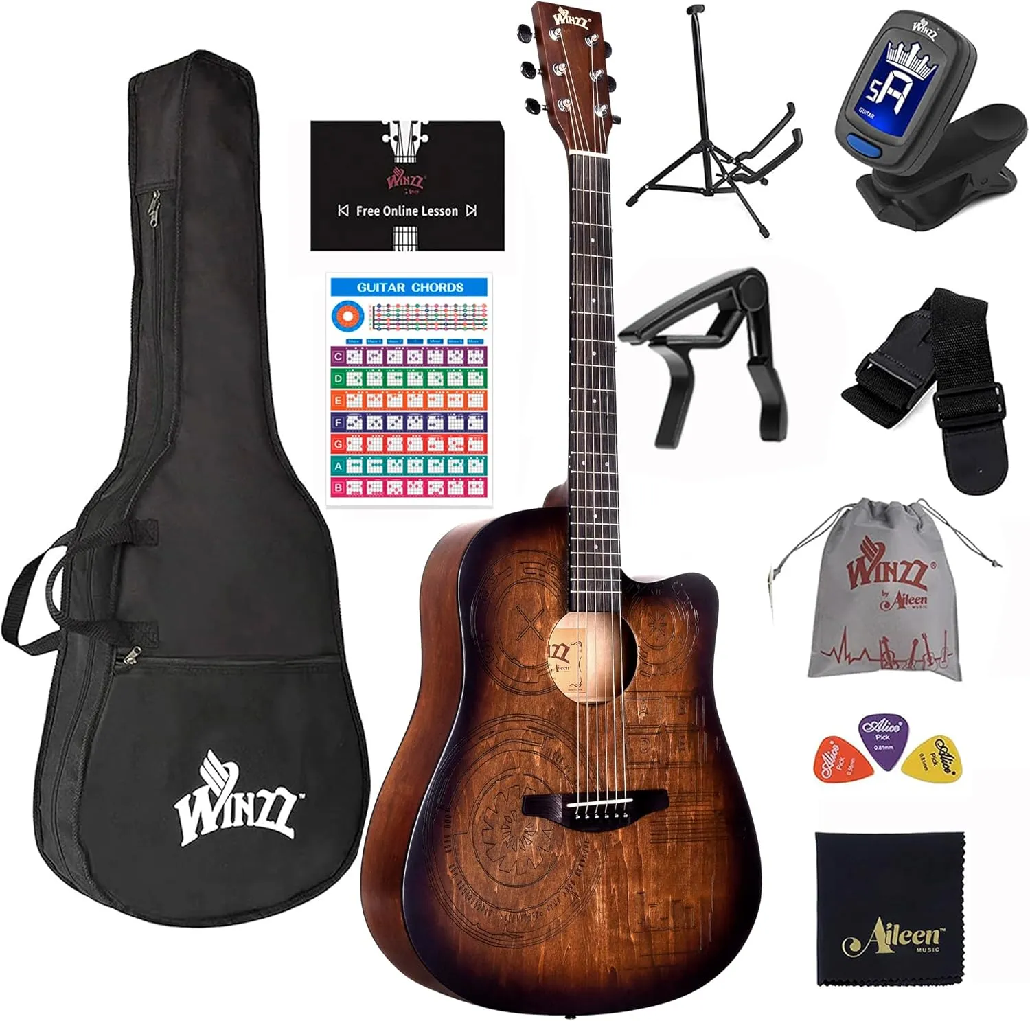 WINZZ HAND RUBBED Series - Full Size Cutaway Carved Acoustic Acustica Guitar Adult Beginner Starter Bundle with Full Kit,41 Inches Right Handed, Brown Sunburst