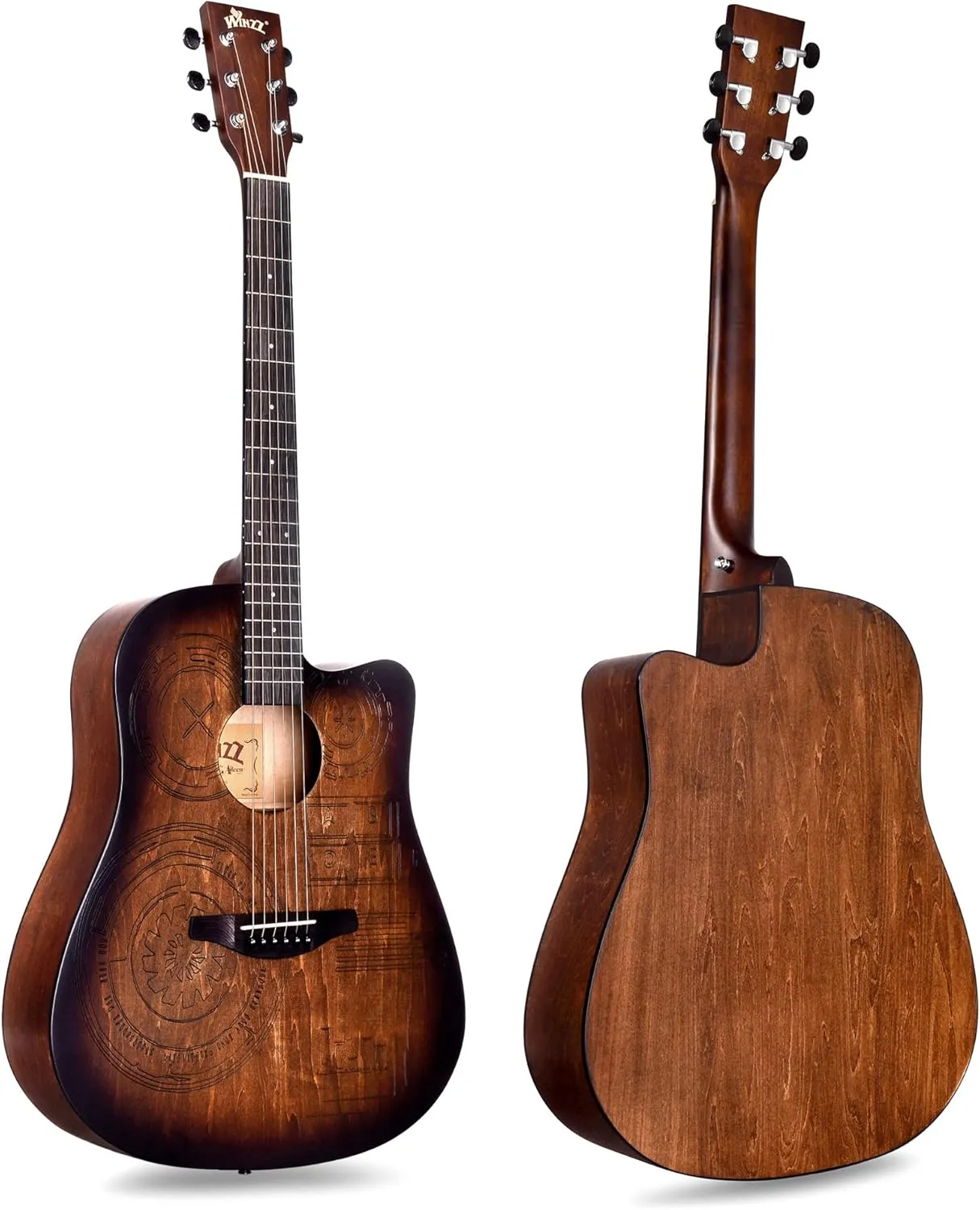 WINZZ HAND RUBBED Series - Full Size Cutaway Carved Acoustic Acustica Guitar Adult Beginner Starter Bundle with Full Kit,41 Inches Right Handed, Brown Sunburst