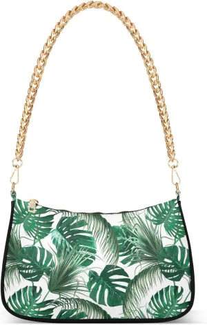 Women Chain Shoulder Purse Bag With Zipper Summer Palm Leaves Print, Tropical Rainforest Hobo Tote Clutch Handbags with Chain Strap