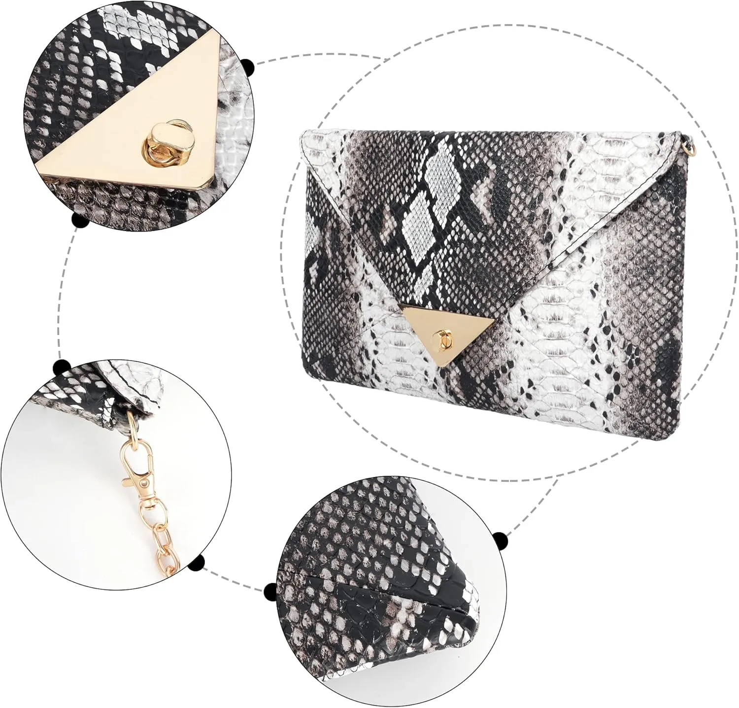 Women Fashion Snakeskin Pattern Clutch Handbag Envelope Bag Chain Shoulder Bag Evening Party Bag