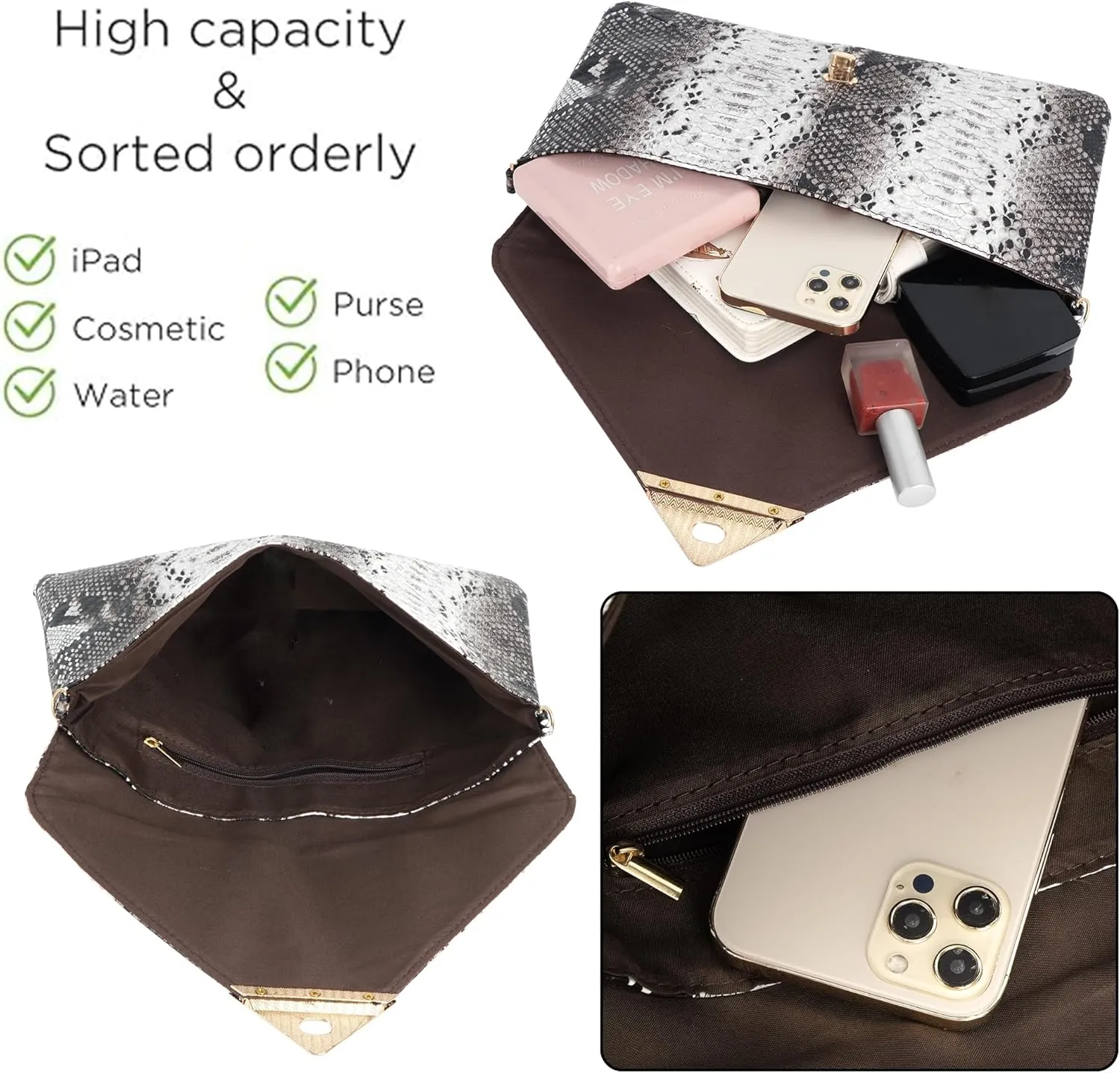 Women Fashion Snakeskin Pattern Clutch Handbag Envelope Bag Chain Shoulder Bag Evening Party Bag