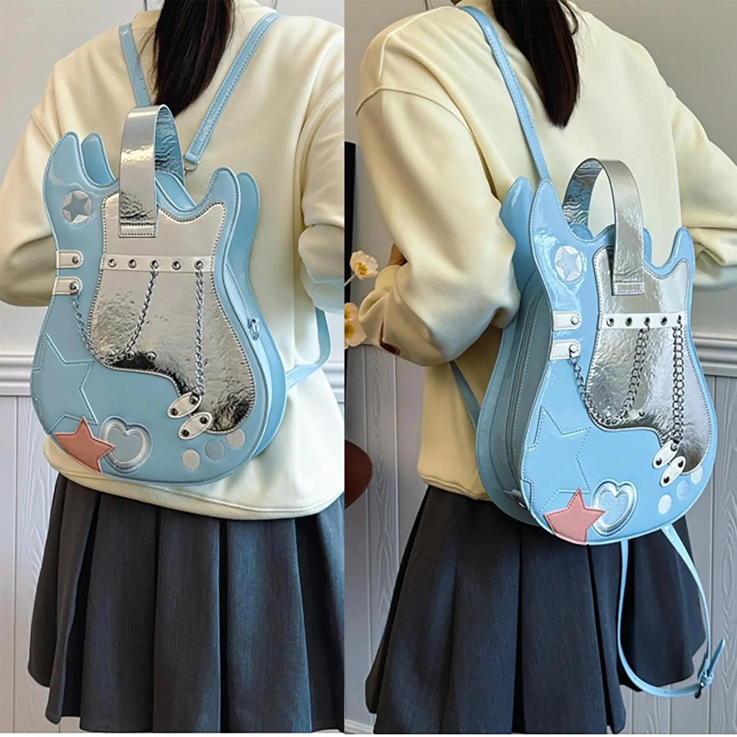 Women Guitar Shaped Backpack Unique Crossbody Shoulder Bag PU Leather Novelty Guitar Purse