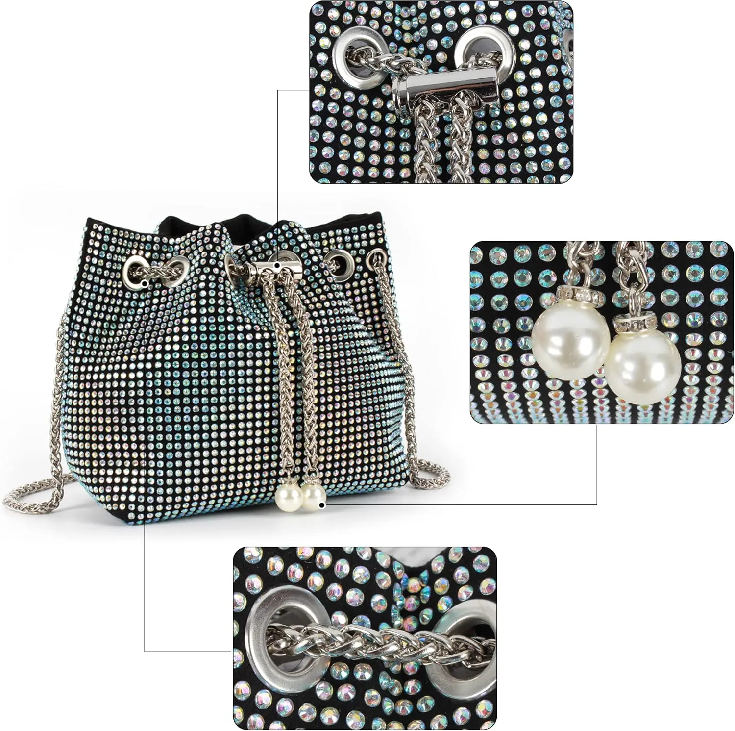 Women Rhinestones Crystal Clutch Drawstring Bucket Bag Mini Evening Bags Crossbody Purses Pearl Party Prom Wedding