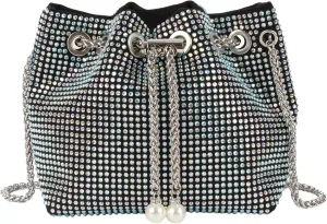 Women Rhinestones Crystal Clutch Drawstring Bucket Bag Mini Evening Bags Crossbody Purses Pearl Party Prom Wedding