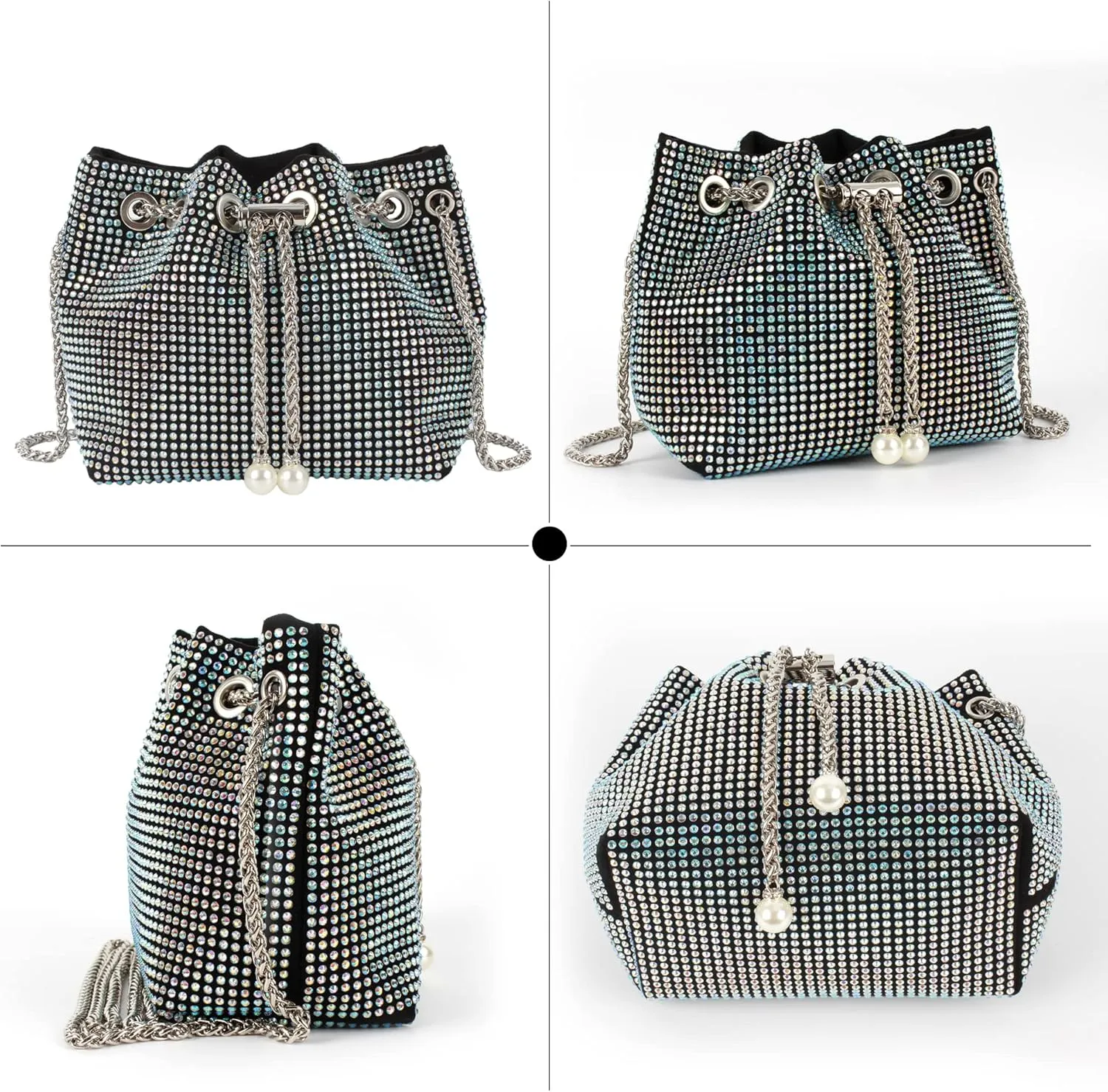 Women Rhinestones Crystal Clutch Drawstring Bucket Bag Mini Evening Bags Crossbody Purses Pearl Party Prom Wedding