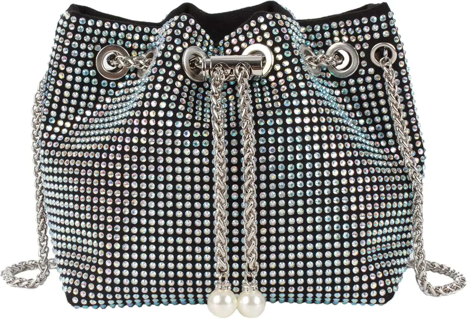 Women Rhinestones Crystal Clutch Drawstring Bucket Bag Mini Evening Bags Crossbody Purses Pearl Party Prom Wedding