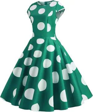 Women Short 1950s Retro Vintage Cocktail Party Swing Dresses Polka Dot Cap Sleeves Crewneck Summer Prom Formal Dress