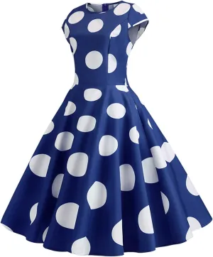 Women Short 1950s Retro Vintage Cocktail Party Swing Dresses Polka Dot Cap Sleeves Crewneck Summer Prom Formal Dress