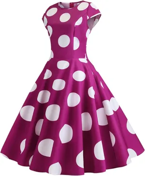 Women Short 1950s Retro Vintage Cocktail Party Swing Dresses Polka Dot Cap Sleeves Crewneck Summer Prom Formal Dress