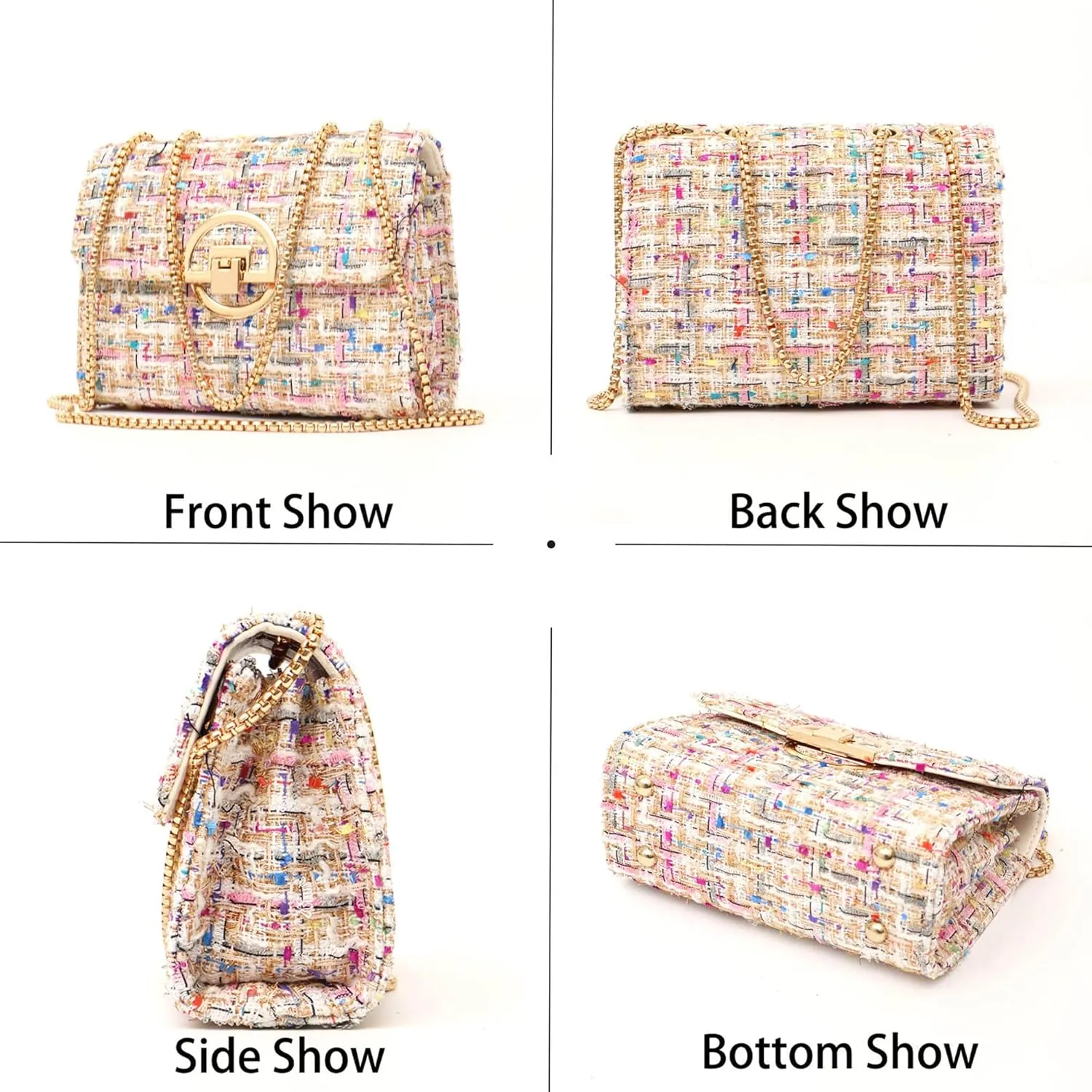 Women Tweed Small Shoulder Bag Handbag and Purse Fashion Ladies Chain Quilted Crossbody Bag Evening Bag Clutch