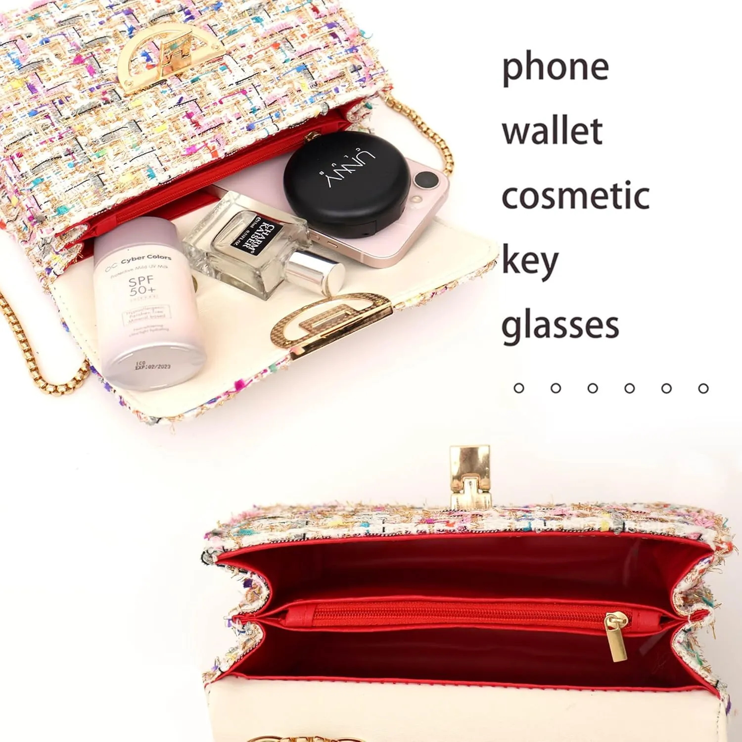Women Tweed Small Shoulder Bag Handbag and Purse Fashion Ladies Chain Quilted Crossbody Bag Evening Bag Clutch