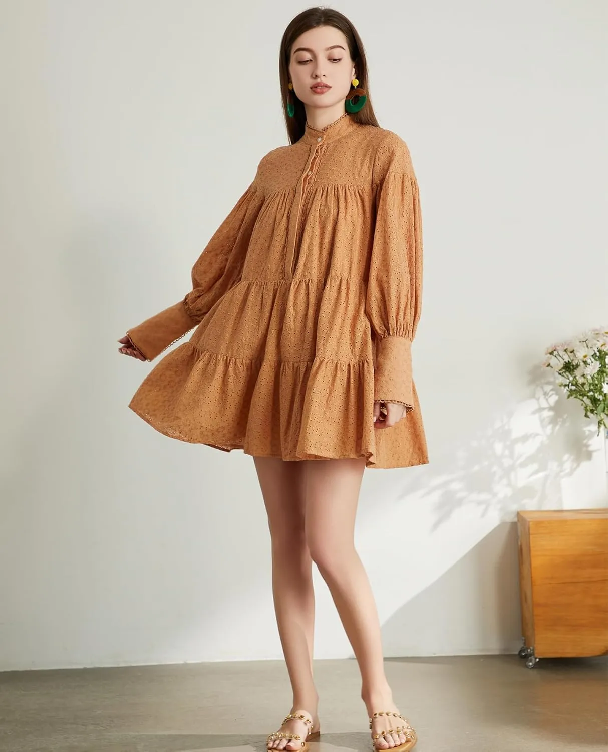 Women's Bohemian Floral Print Button Down Long Lantern Sleeve Shift Tunic Dress Casual Ruffle Swing Mini Dress