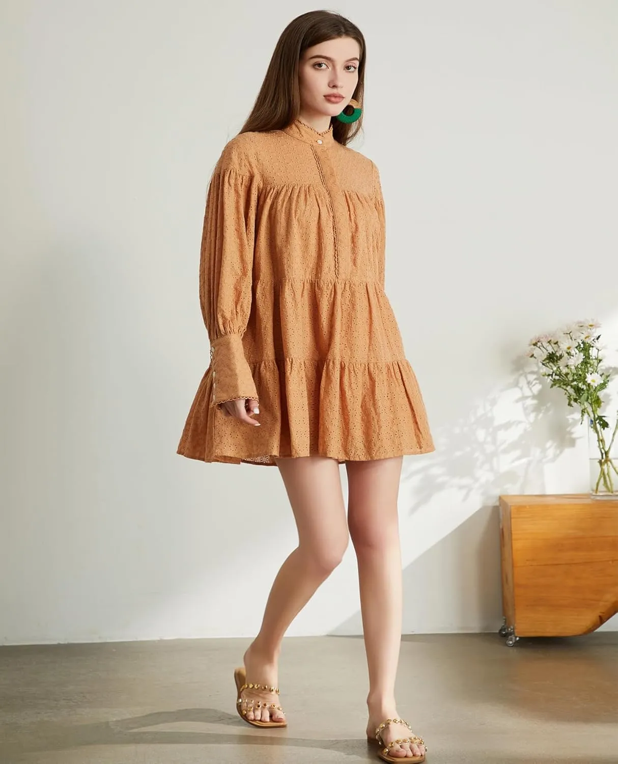 Women's Bohemian Floral Print Button Down Long Lantern Sleeve Shift Tunic Dress Casual Ruffle Swing Mini Dress