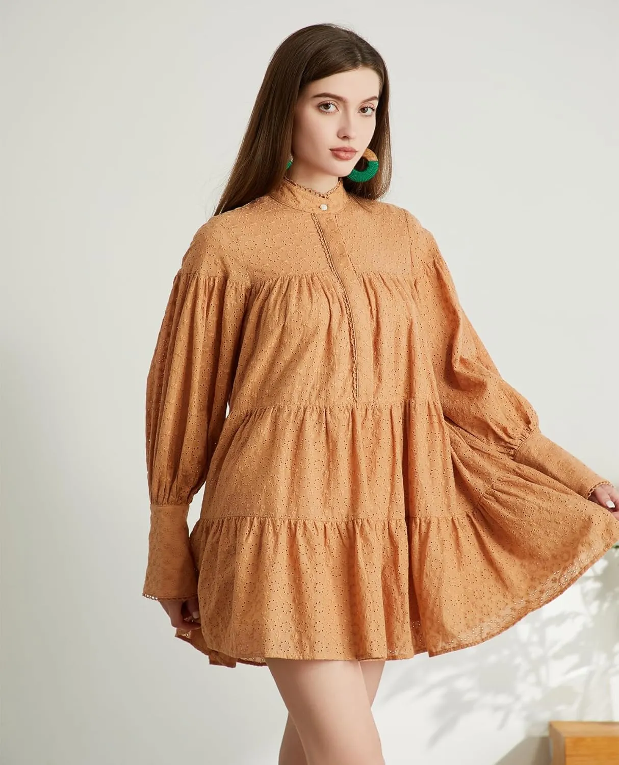 Women's Bohemian Floral Print Button Down Long Lantern Sleeve Shift Tunic Dress Casual Ruffle Swing Mini Dress