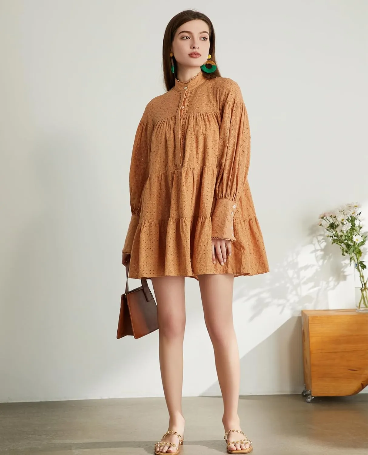 Women's Bohemian Floral Print Button Down Long Lantern Sleeve Shift Tunic Dress Casual Ruffle Swing Mini Dress