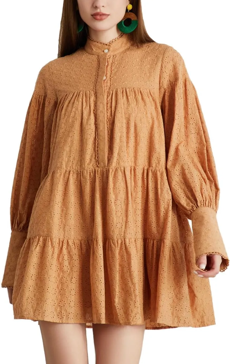 Women's Bohemian Floral Print Button Down Long Lantern Sleeve Shift Tunic Dress Casual Ruffle Swing Mini Dress
