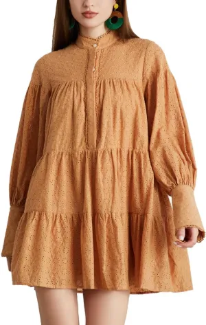 Women's Bohemian Floral Print Button Down Long Lantern Sleeve Shift Tunic Dress Casual Ruffle Swing Mini Dress