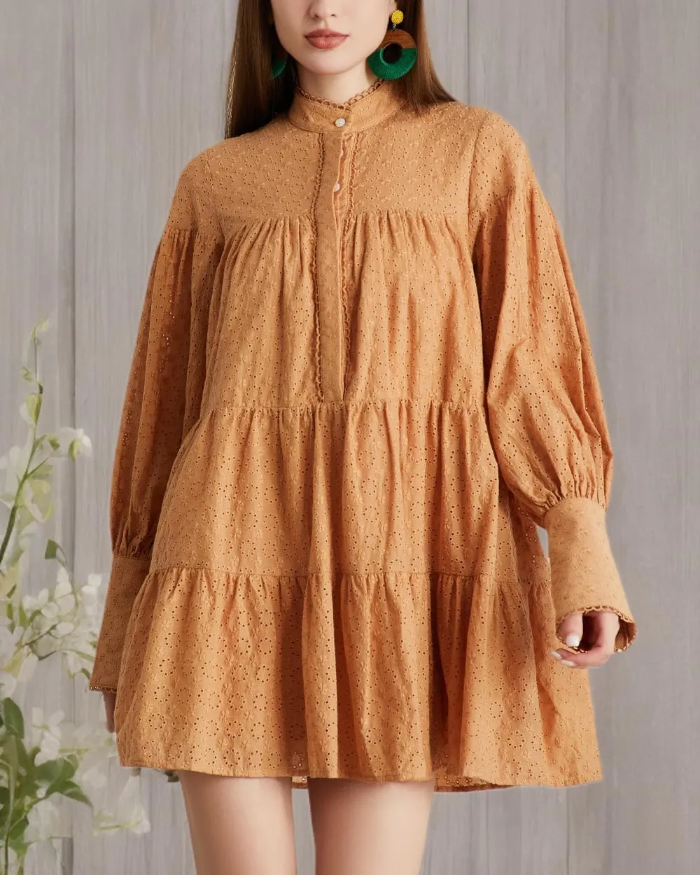 Women's Bohemian Floral Print Button Down Long Lantern Sleeve Shift Tunic Dress Casual Ruffle Swing Mini Dress