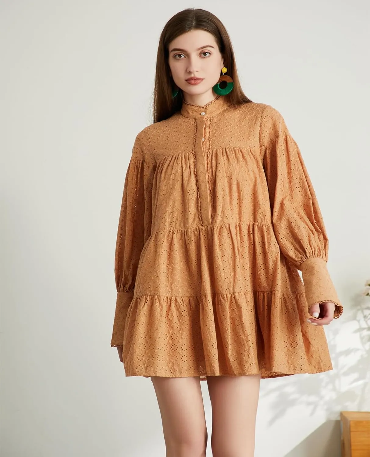 Women's Bohemian Floral Print Button Down Long Lantern Sleeve Shift Tunic Dress Casual Ruffle Swing Mini Dress