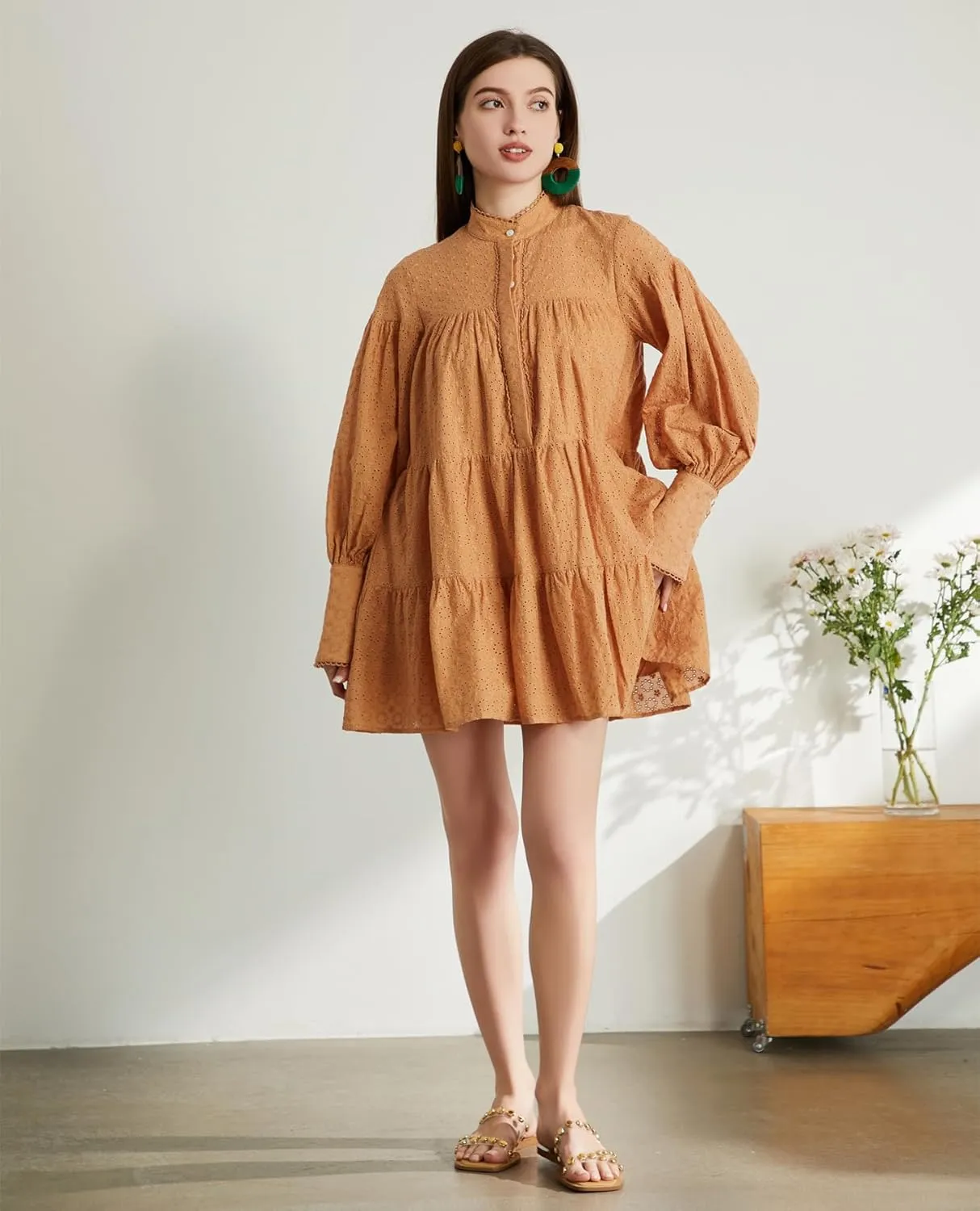 Women's Bohemian Floral Print Button Down Long Lantern Sleeve Shift Tunic Dress Casual Ruffle Swing Mini Dress