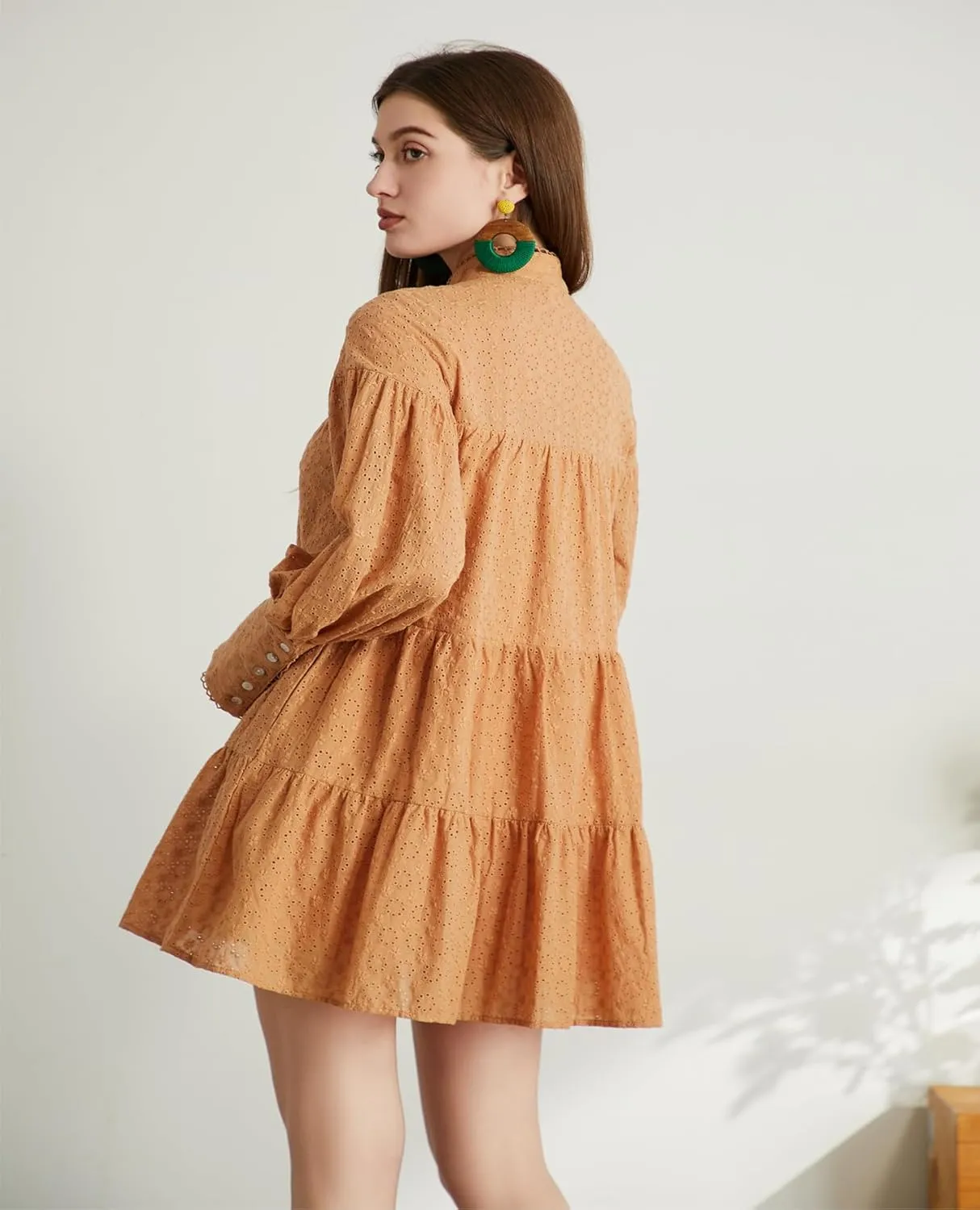 Women's Bohemian Floral Print Button Down Long Lantern Sleeve Shift Tunic Dress Casual Ruffle Swing Mini Dress