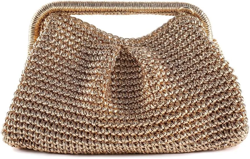 Women's Evening Bag Woven with leather gold threads Clutch Purse Detachable Chain Crossbody Bag