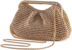 Women's Evening Bag Woven with leather gold threads Clutch Purse Detachable Chain Crossbody Bag