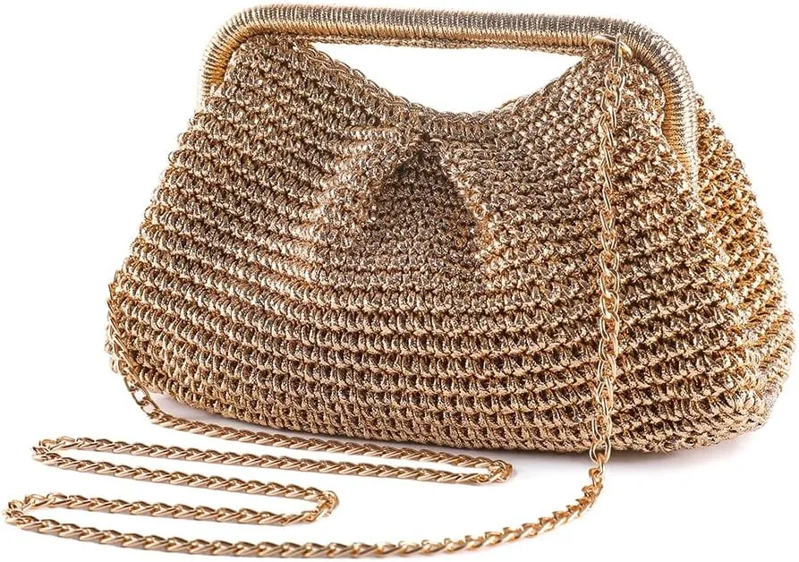 Women's Evening Bag Woven with leather gold threads Clutch Purse Detachable Chain Crossbody Bag