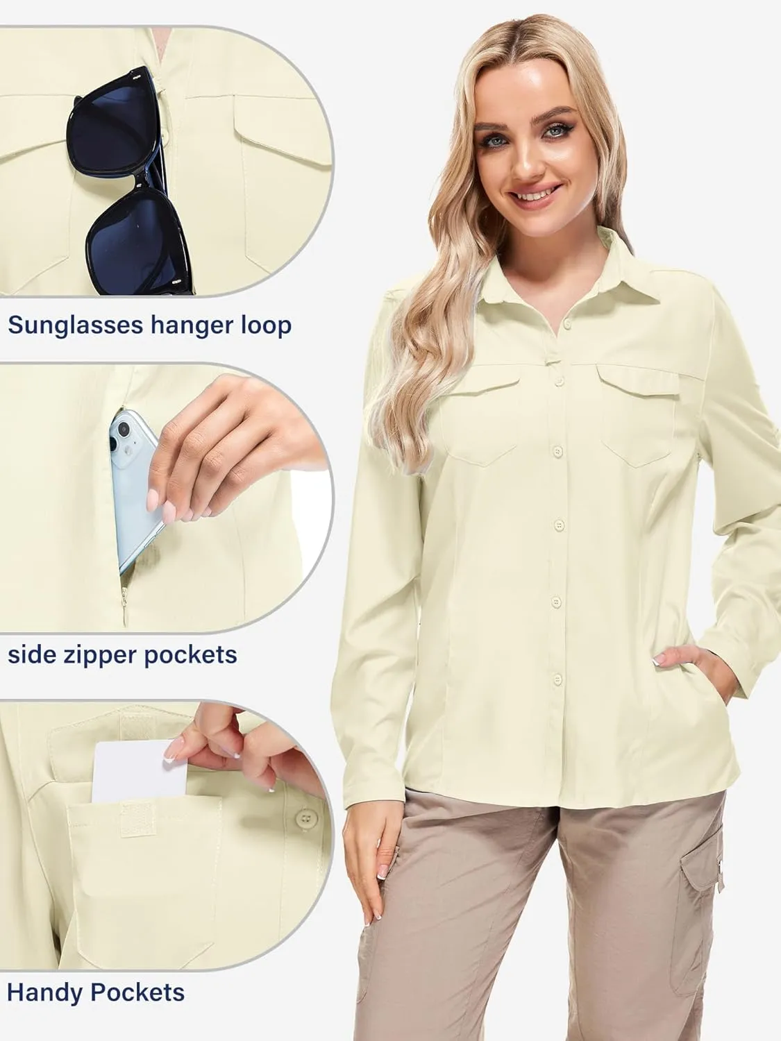 Women's Safari Clothes Long Sleeve UPF50 Sun Protection Quick Dry Shirts Hiking Camping Fishing Trave Teen Girl