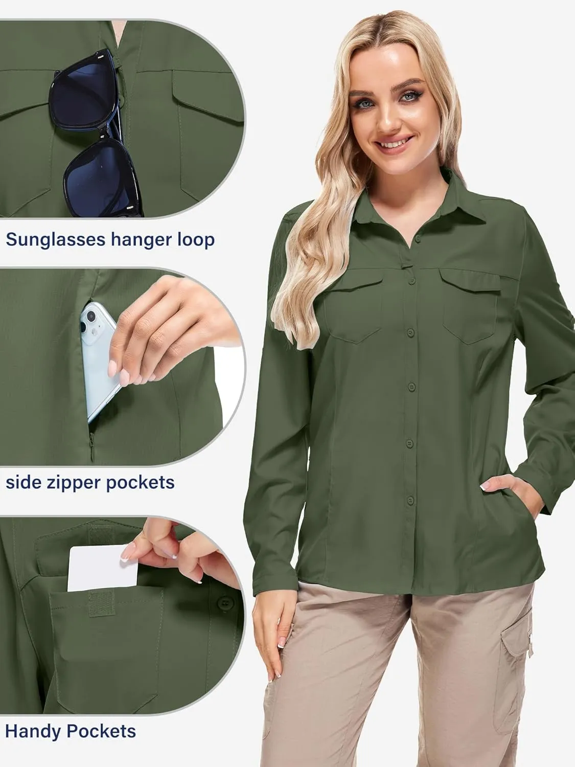 Women's Safari Clothes Long Sleeve UPF50 Sun Protection Quick Dry Shirts Hiking Camping Fishing Trave Teen Girl