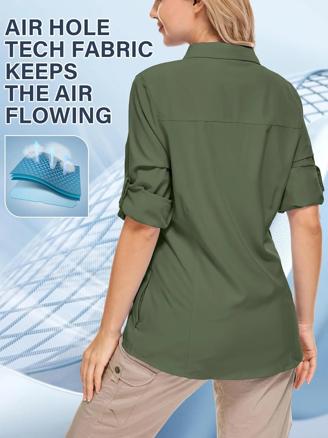 Women's Safari Clothes Long Sleeve UPF50 Sun Protection Quick Dry Shirts Hiking Camping Fishing Trave Teen Girl