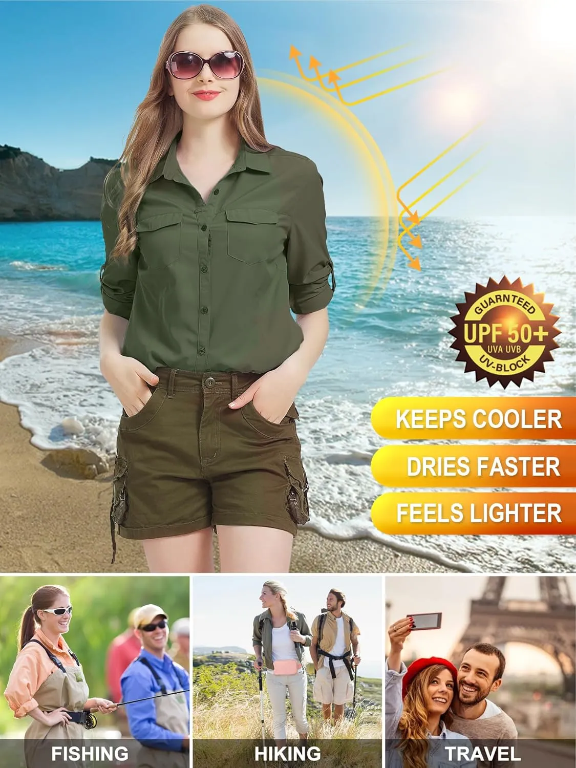 Women's Safari Clothes Long Sleeve UPF50 Sun Protection Quick Dry Shirts Hiking Camping Fishing Trave Teen Girl