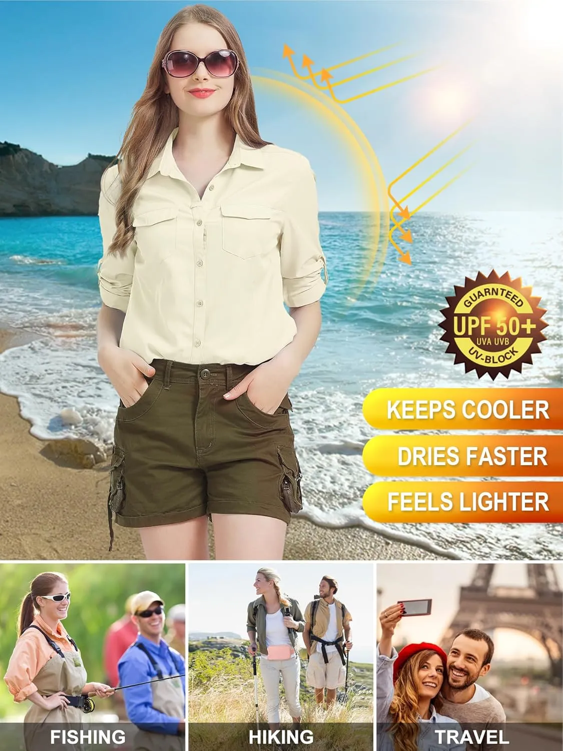 Women's Safari Clothes Long Sleeve UPF50 Sun Protection Quick Dry Shirts Hiking Camping Fishing Trave Teen Girl