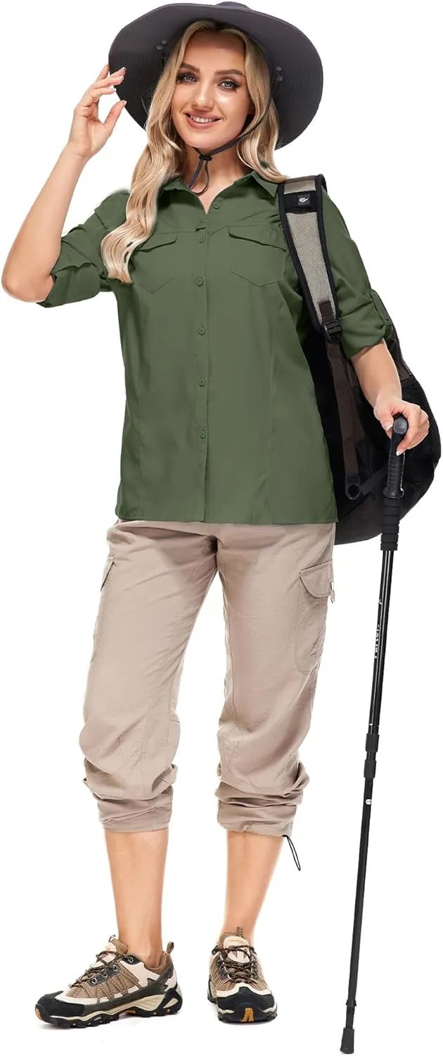 Women's Safari Clothes Long Sleeve UPF50 Sun Protection Quick Dry Shirts Hiking Camping Fishing Trave Teen Girl