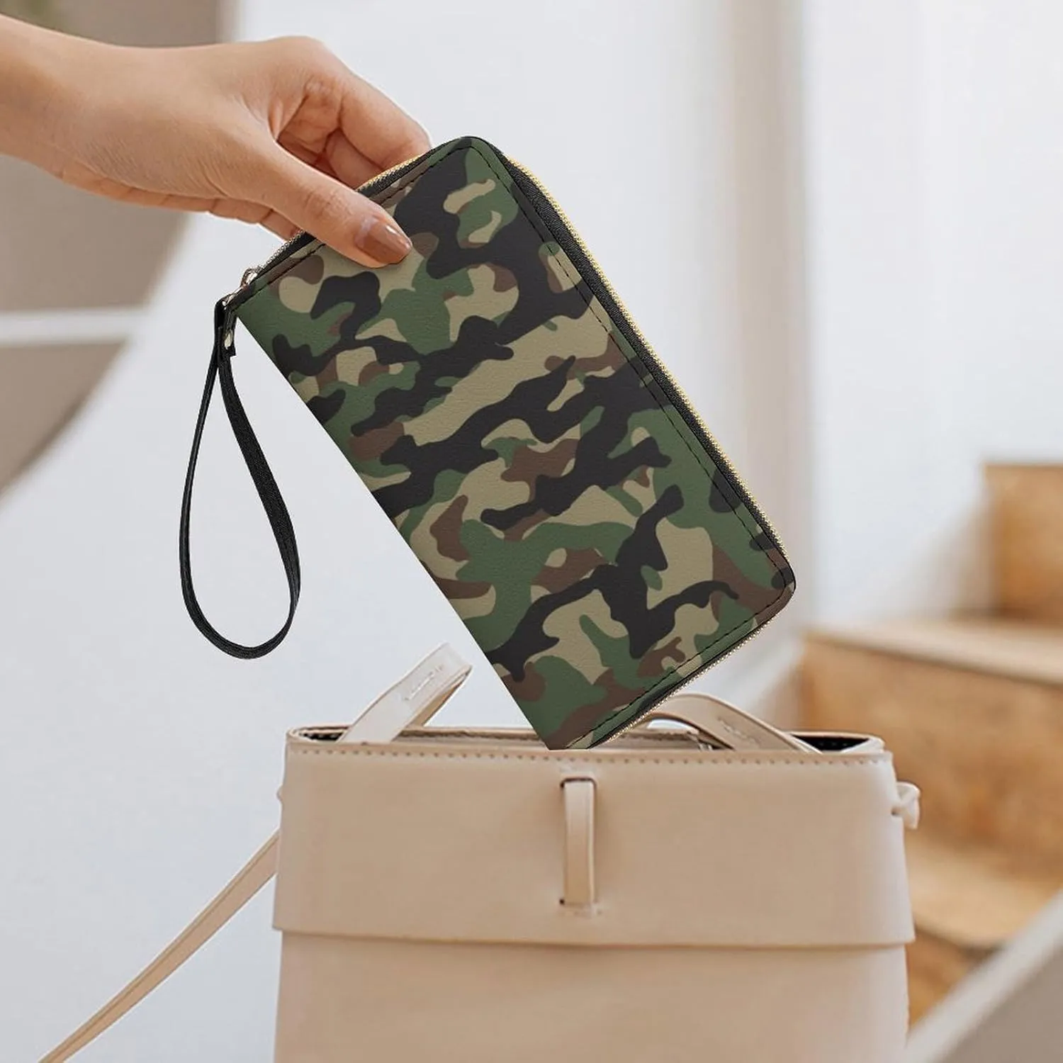 Women's Travel Zipper Purse Fashion Design Gift, Huge Storage Capacity Purse, Cute Decor Wallet, Long PU Wallet With Rope Compatible with Green Camouflage Army Camo