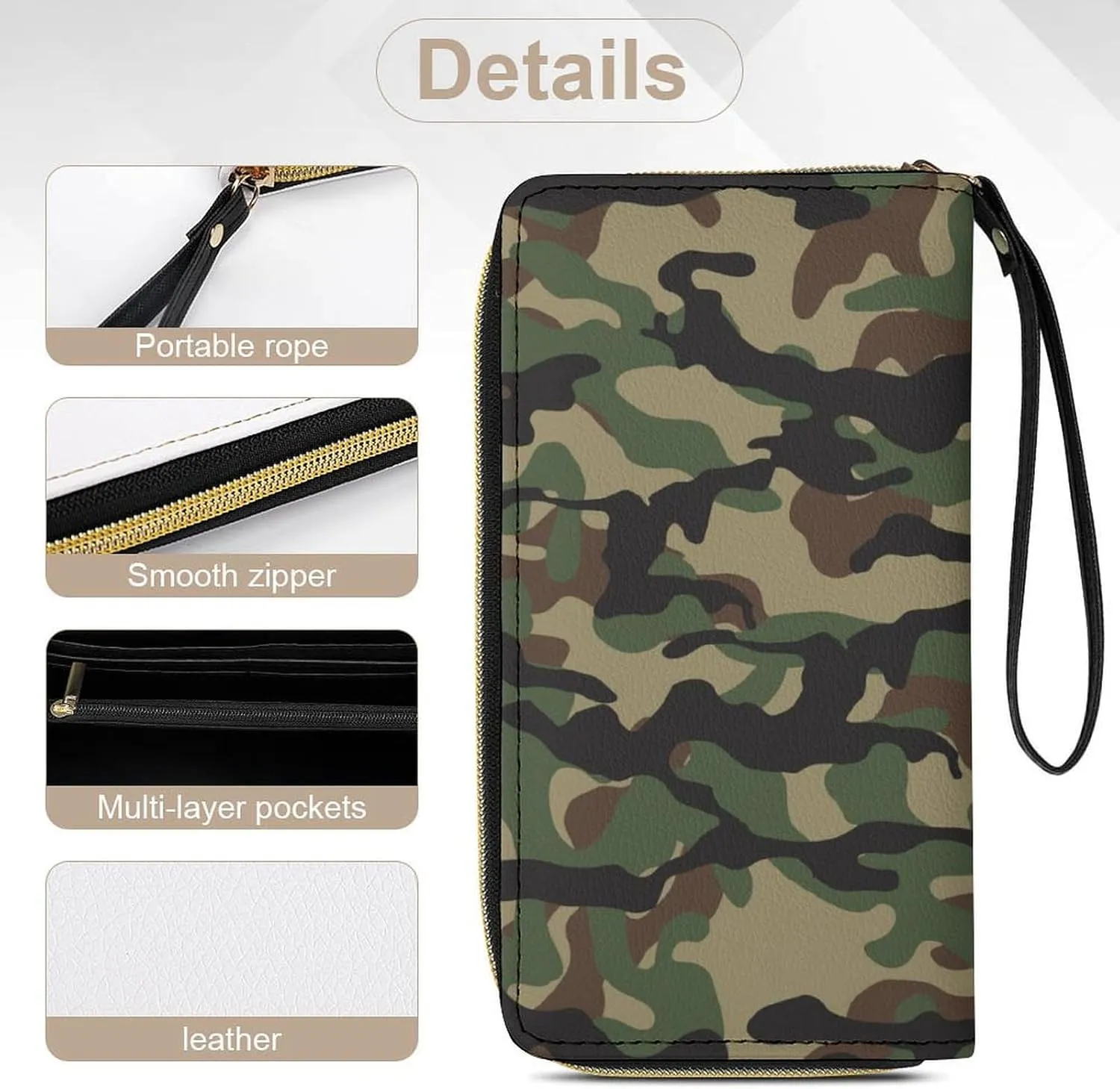 Women's Travel Zipper Purse Fashion Design Gift, Huge Storage Capacity Purse, Cute Decor Wallet, Long PU Wallet With Rope Compatible with Green Camouflage Army Camo