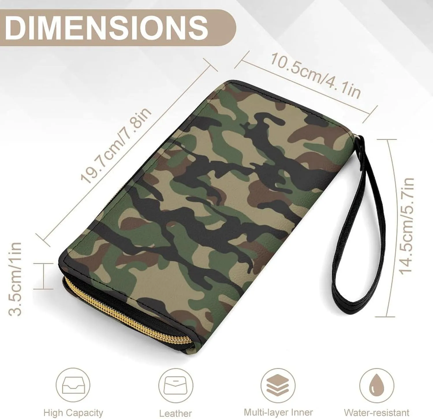 Women's Travel Zipper Purse Fashion Design Gift, Huge Storage Capacity Purse, Cute Decor Wallet, Long PU Wallet With Rope Compatible with Green Camouflage Army Camo
