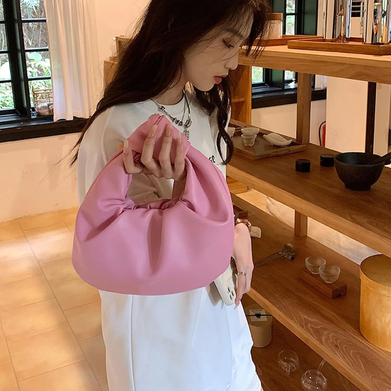 Women's Wrinkled Leather Cloud Shape Knotted Handbag Fashion Y2K Dumpling Underarm Hobo Clutch Purse for Party Shopping (Light green)