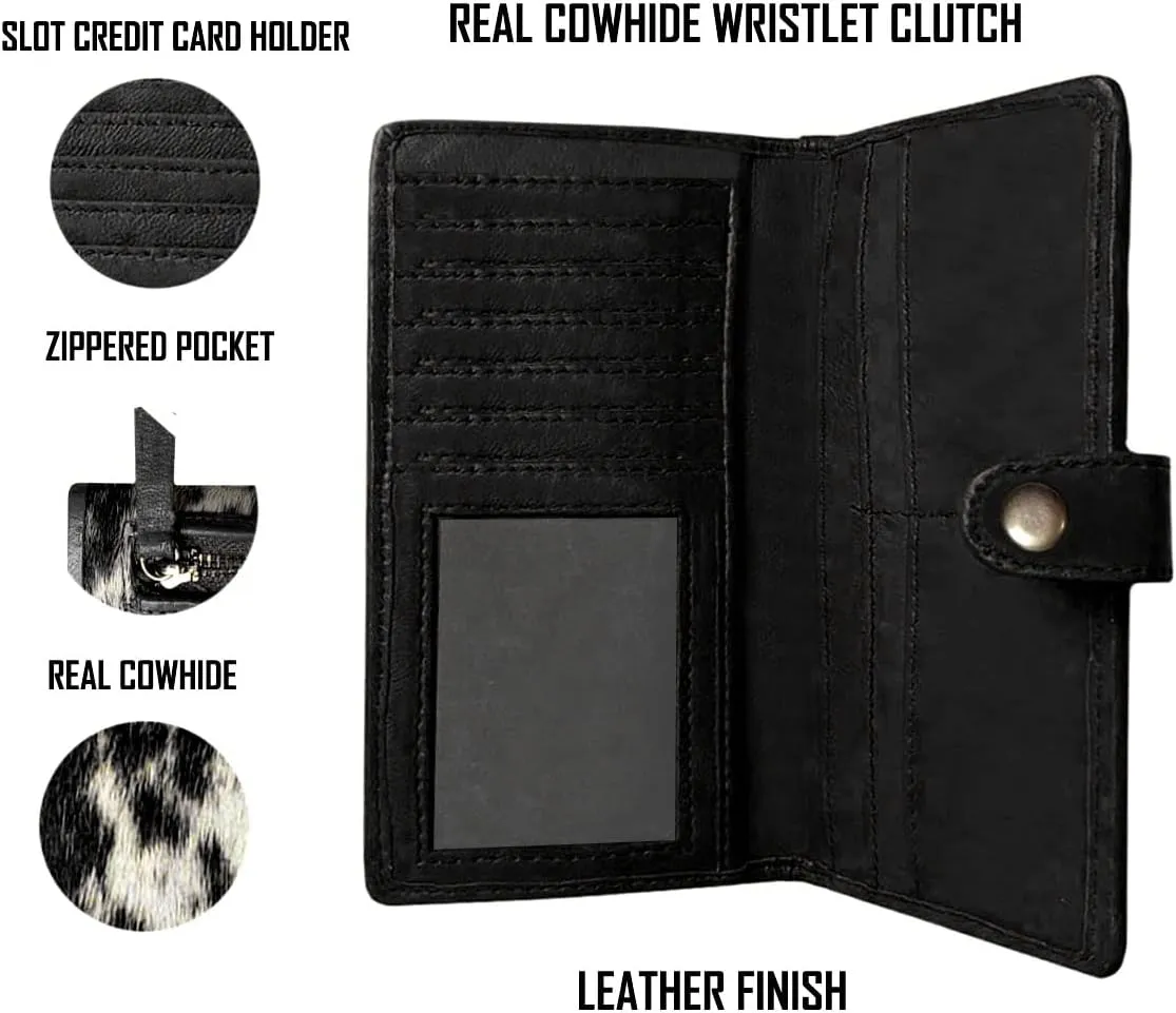 Womens Zipper Wristlet Cowhide Clutch Real Leather Hair on Wallet Western Purse, Handbag Organizer for women