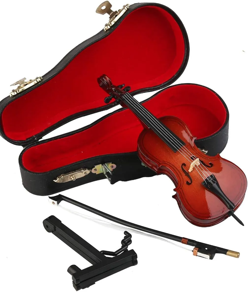 Wooden Miniature Cello with Stand, Bow and Case Mini Musical Instrument Cello Replica Collectible Figurines Dollhouse Accessories Model Home Decoration Display Ornament (5.51"x1.97"x0.63")