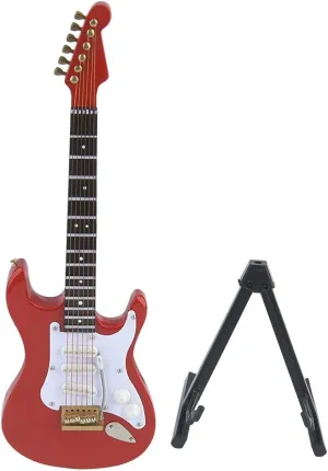 Wooden Miniature Guitar with Stand - Decorative Dollhouse Accessory, Mini Musical Ornament (Red)