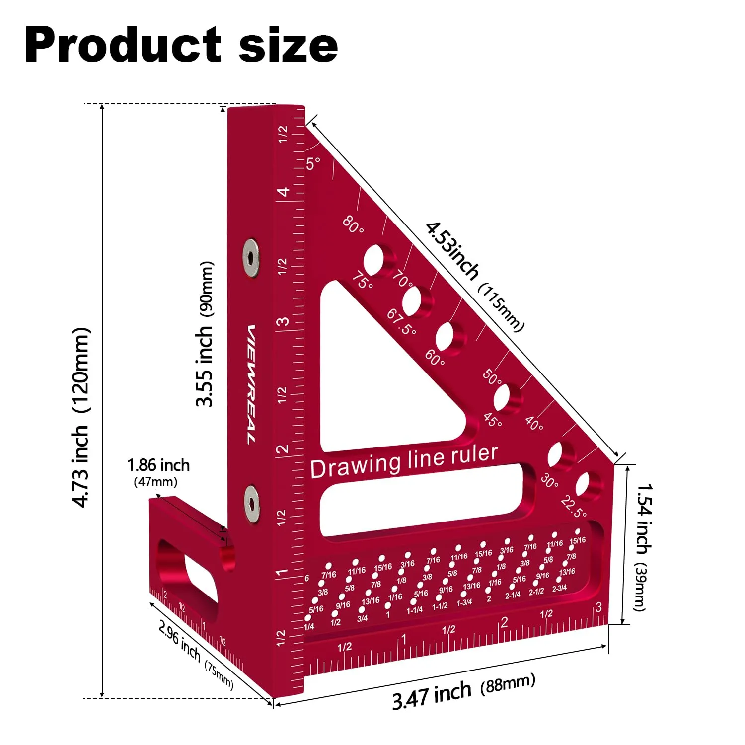 Woodworking Square Ruler 22.5-90 Degree - Premium Carpenter's Scribing Tool with Angle Pin, Multi-Angle Measuring for Engineering & Construction